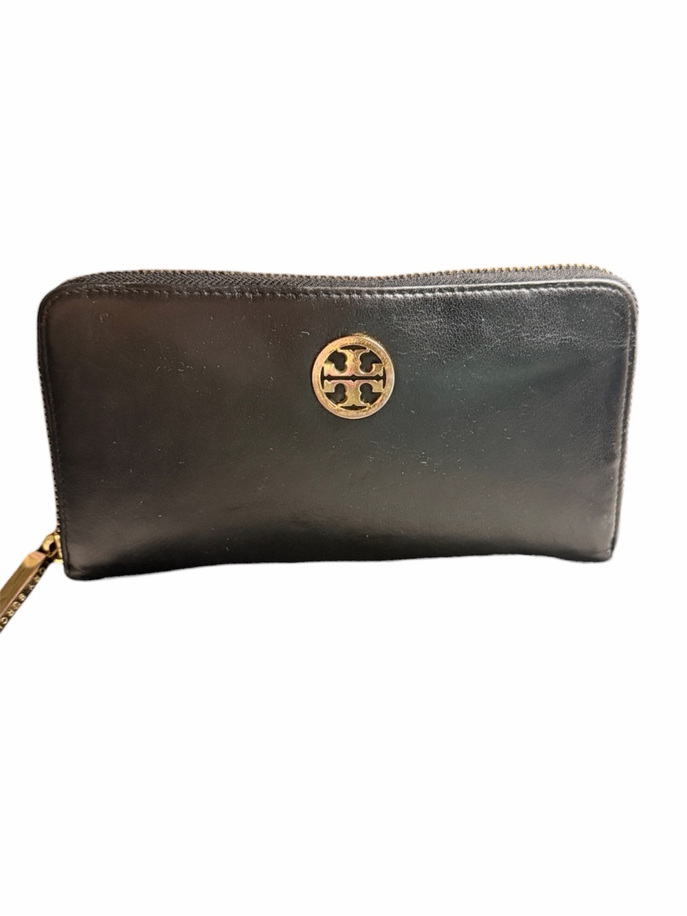 Tory Burch Black Leather Zip Wallet with Gold Logo